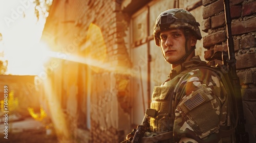 A man in a military uniform stands in front of a brick wall. The sun is shining brightly, casting a warm glow on the scene. The man is in a contemplative or reflective mood