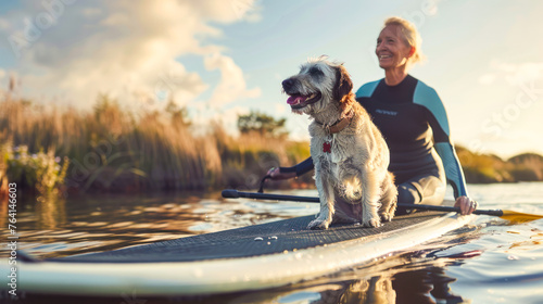 Happy woman in wetsuit floating on a SUP board with a dog. The adventure of the sea with blue water on a surfing. Summer vacation. Woman keeping oar, training her sup boarding skills.