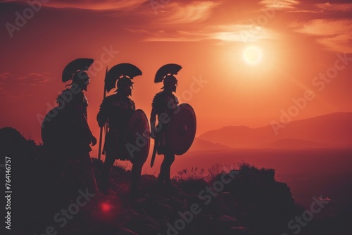 Silhouette of Roman soldiers on patrol in a desert landscape at midday, with a hot sun overhead.