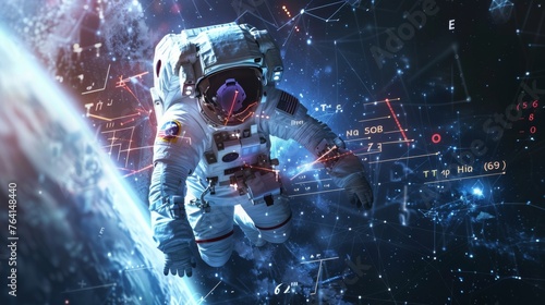 An astronaut in a space suit is seen floating in the vast emptiness of space, surrounded by stars and celestial bodies. The individual appears weightless and is performing extravehicular activities.