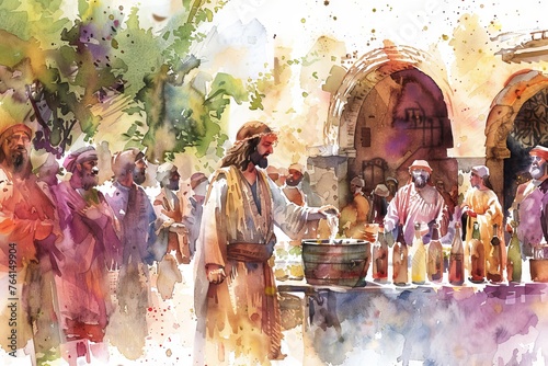 Watercolor illustration of Jesus Christ turning water into wine at the wedding in Cana.