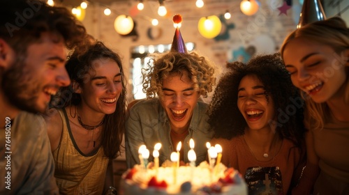 A group of friends gathered around a birthday cake, singing and clapping to celebrate a special occasion. The cake is lit with candles, and everyone looks joyful and festive.