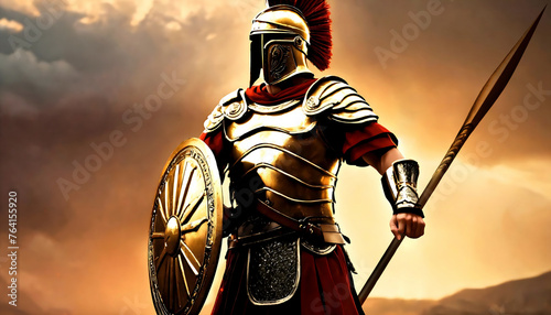 Spartan warrior with spear and shield. ancient Roman sword, weaponry and valor of soldier. Roman male legionary legionaries wear helmet, gladius. infantryman army of Roman Empire gaius julius caesar