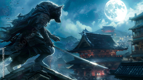 Fearless ninja dog with sleek black fur, leaping across rooftops under moonlight, shuriken flying from its paws towards unseen foes