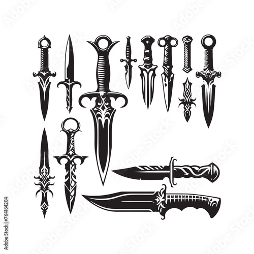Enigmatic Dagger Set of Silhouette - Illuminating the Mystique of Weaponry with Dagger Illustration - Minimallest Vector 