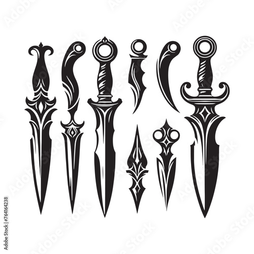 Mysterious Dagger Silhouette Ensemble - Conjuring Shadows of Ancient Weaponry with Dagger Illustration - Minimallest Dagger Vector 