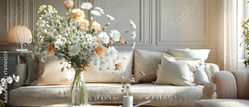 Elegant bouquet of creamy roses and delicate flowers in a sunlit living room