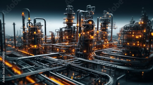 Generative AI A detailed view of a refinery, capturing the intricate network of pipes and structures.