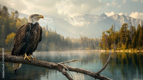 A bald eagle is perched on a tree branch overlooking a lake. The scene is serene and peaceful, with the eagle looking out over the water