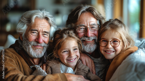 Happy extended multi generation family gathered together on sofa at home. modern home.