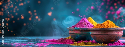 Indian Holi festival powder colors in bowls on blue background. Colorful organic gulal in earthen bowl. Festival of Colors concept. Banner or card with copy space. Flat lay, top view