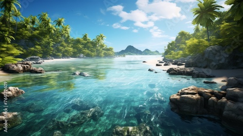 Generative AI A panoramic view showcasing a stunning tropical archipelago with coconut palms, secluded beaches, and tranquil lagoons ideal for aquatic exploration
