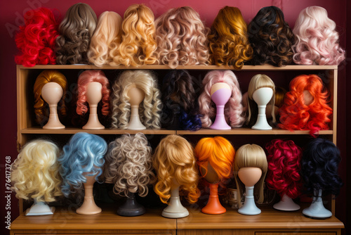 Assorted Wigs on Shelves in a Wig Shop.