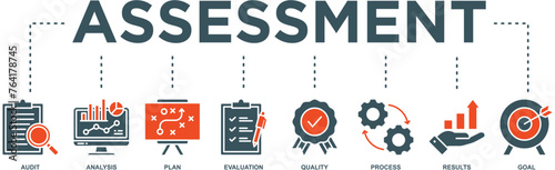 Assessment banner web icon vector illustration for accreditation and evaluation method on business and education