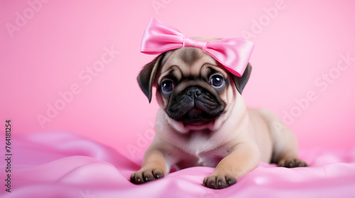 A small pug puppy in the form of a gift sits on a pink cloth with a bright bow on its head. The concept of a birthday gift. A funny puppy with a place to copy text.The pug is waiting for its new owner