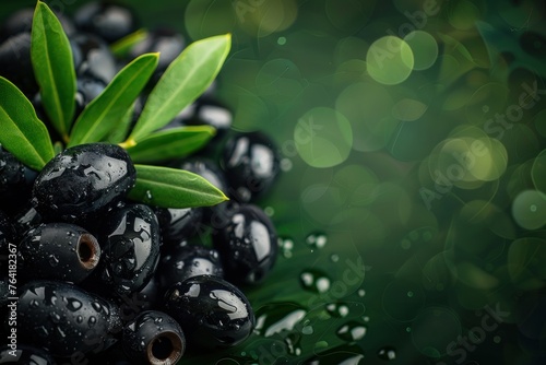 Many fresh and ripe black olives with leaves and detailed water drops on solid dark green
