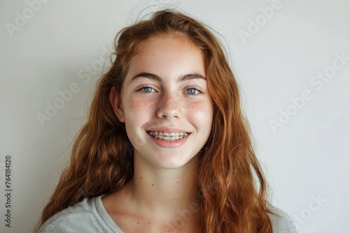 A smiling boy teenager with braces mouth, close up Isolated on solid white background