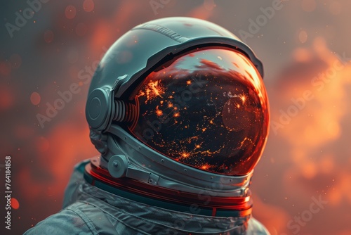 Artistic image showcasing an astronaut's helmet reflecting a fiery orange and red planet against a celestial backdrop