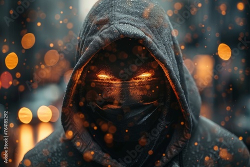 A digital mask with a bright menacing look covers the face of a hooded figure amidst snowflakes