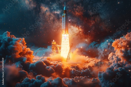 An artistically rendered rocket launching with intense flames, encapsulating the power of space exploration