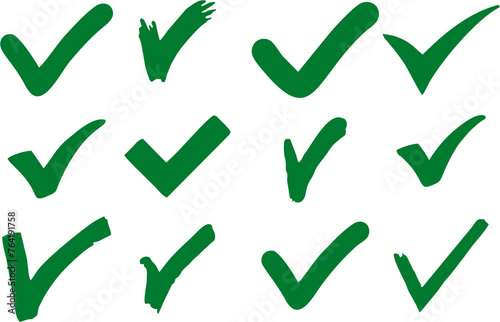 Check mark right or correct green icons. Different checklist designs. Check-mark icon for business, office, poster, and web designs. Fabric print design in high HD resolution.