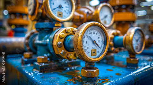 Industrial pressure gauge close-up, equipment for gas and energy measurement
