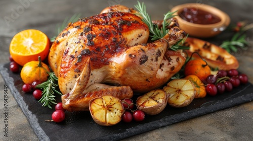  A perfectly roasted turkey served on a slate platter with an array of seasonal sides including oranges, cranberries, and fragrant rosemary Accompanying this