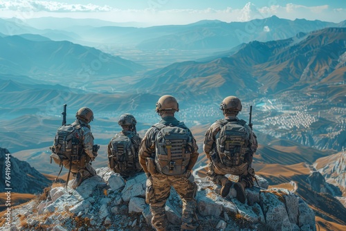 Squad of soldiers with backpacks pausing to observe vast mountainous terrain from a high vantage point