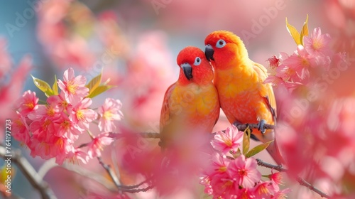  A pair of birds perched on a tree branch with pink flowers