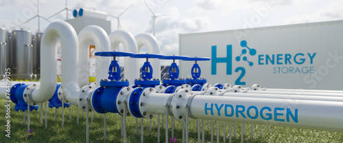 hydrogen pipeline of energy sector towards to ecology,carbon credit,Clean Energy,secure,carbon neutral,transformation,solar,power plant and energy sources balance to replace natural gas.3d rendering. 
