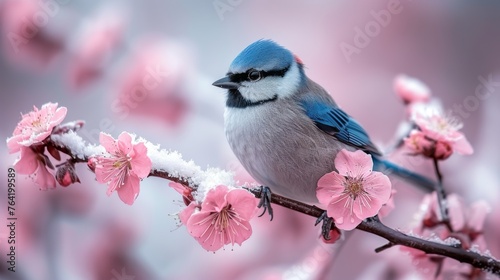 A blue bird sits on a cherry blossom branch with pink flowers in the foreground