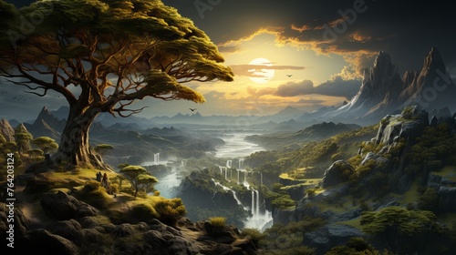 landscape of the valley in the golden rays of sunset. Concept: nature and meditation, travel and adventure. artistic fantasy video games. travel agencies and eco