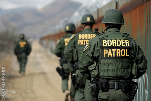 Border patrol officers walking along border