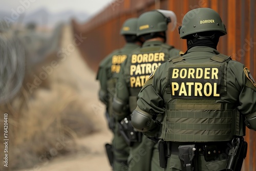 Border patrol officers walking along border