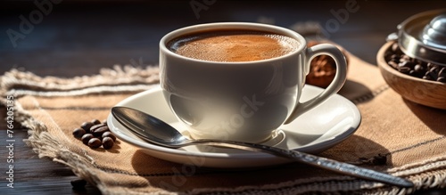 In the image, there is a cup of coffee placed on a saucer, accompanied by a spoon for stirring
