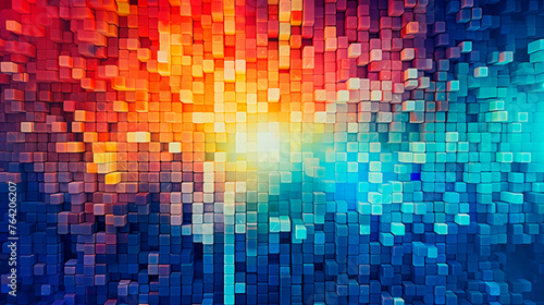 A background filled with vibrant squares of different colors creating a visually striking pattern. Digital virtual space. Game background. Computer technologies. Banner. Copy space