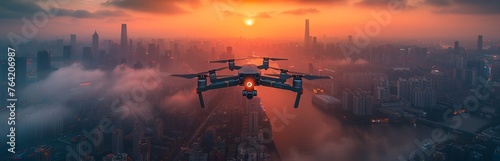 A drone flies over a busy cityscape illuminated by the last rays of the setting sun. Concept: drones for urban planning, real estate and monitoring. technological and innovative