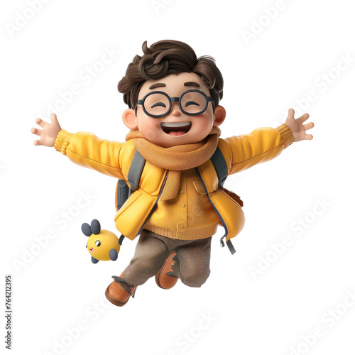 A cartoon boy is jumping in the air with a yellow jacket and a backpack