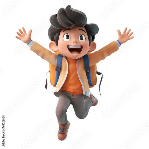 A cartoon boy is jumping in the air with his arms raised