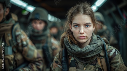 Freckled-Faced Female Soldier on Transport Plane: Wearing Military Scarf, Camouflage, Alongside Comrades