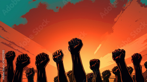 Fists raised in the air in protest, solidarity, resistance, or fight for freedom. Poster style illustration. Riot, angry crowd of people with raised arms, on orange background. Copy space.
