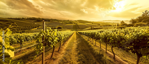 a summer vineyard field at sunset