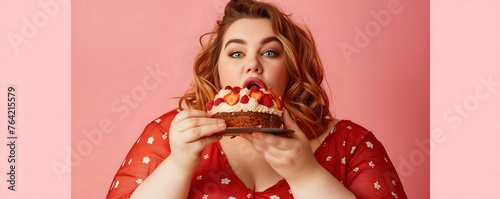 Photo of impressed woman with curly hair wears bowtie on head bites delicious appetizing waffles applies hydrogel patches under eyes to reduce puffiness wears pink sunglasses and casual t shirt