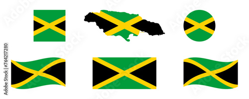 Jamaican Flag icon set. Black, Green, Gold Flags of Jamaica. Jamaican Independence Emancipation Day Isolated Vector on White Background 