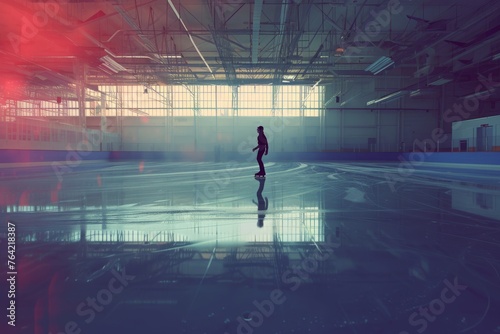 Loneliness in an Empty Building, An artistic picture of a professional figure skater practicing in an indoor rink, reflecting tranquility and dedication, AI Generated
