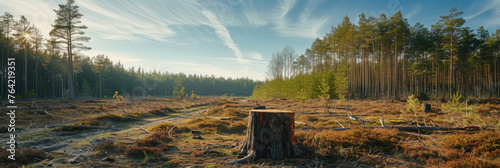 deforestation, panorama on a wide-angle frame, for a banner, against the backdrop of a pine forest, a bare clearing with stumps and broken branches