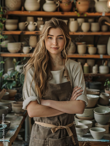 Young saleswoman in a store with handmade dishes, glassware or other materials facing the camera 