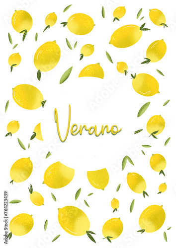Portada de Verano con divertidos limones con textura, sin fondo. 