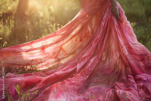 Flowing pink maxi dress made from batik fabric. Generative AI
