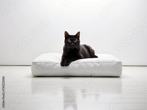 Gato Negro Relajado en Cojín Blanco sobre Suelo Reflectante